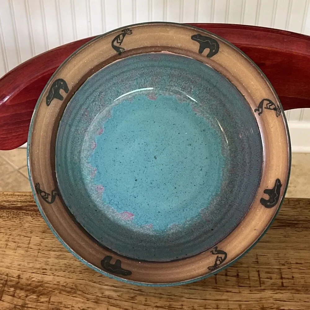 Vintage A&A Art Pottery Centerpiece Bowl Teal Blue Aztec Design Bear RARE